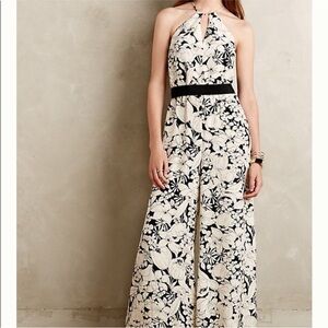 Anthropologie Lilium Elevenses 100% Silk Floral Halter Maxi Jumper Romper Pants